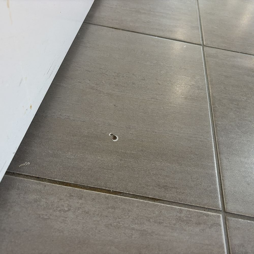 Chipped floor tile near the shower, an opening for water beneath the tiling, found during a pre-purchase inspection in Pakenham